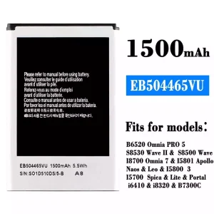 New genuine cell phone battery EB504465VU for Samsung B6520 Omnia PRO 5/S8530 Wave /S8500 Wave 2