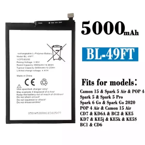 New genuine cell phone battery BL-49FT for Tecno Camon 15 /Camon 15 Air/ Spark 5 Air /Spark 5 / Spark 5 Pro / Spark 6 Go / Spark Go 2020 / POP 4/POP 4 Air