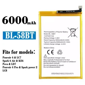 New genuine cell phone battery BL-58BT for Tecno Pouvoir 4 / Pouvoir 4 Pro/ Spark 6 Air / Spark power 2